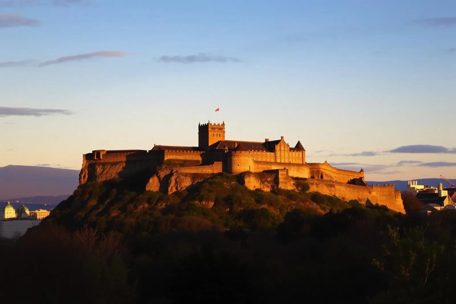 Edinburgh Castle auf dem Castle Rock im goldenen Abendlicht