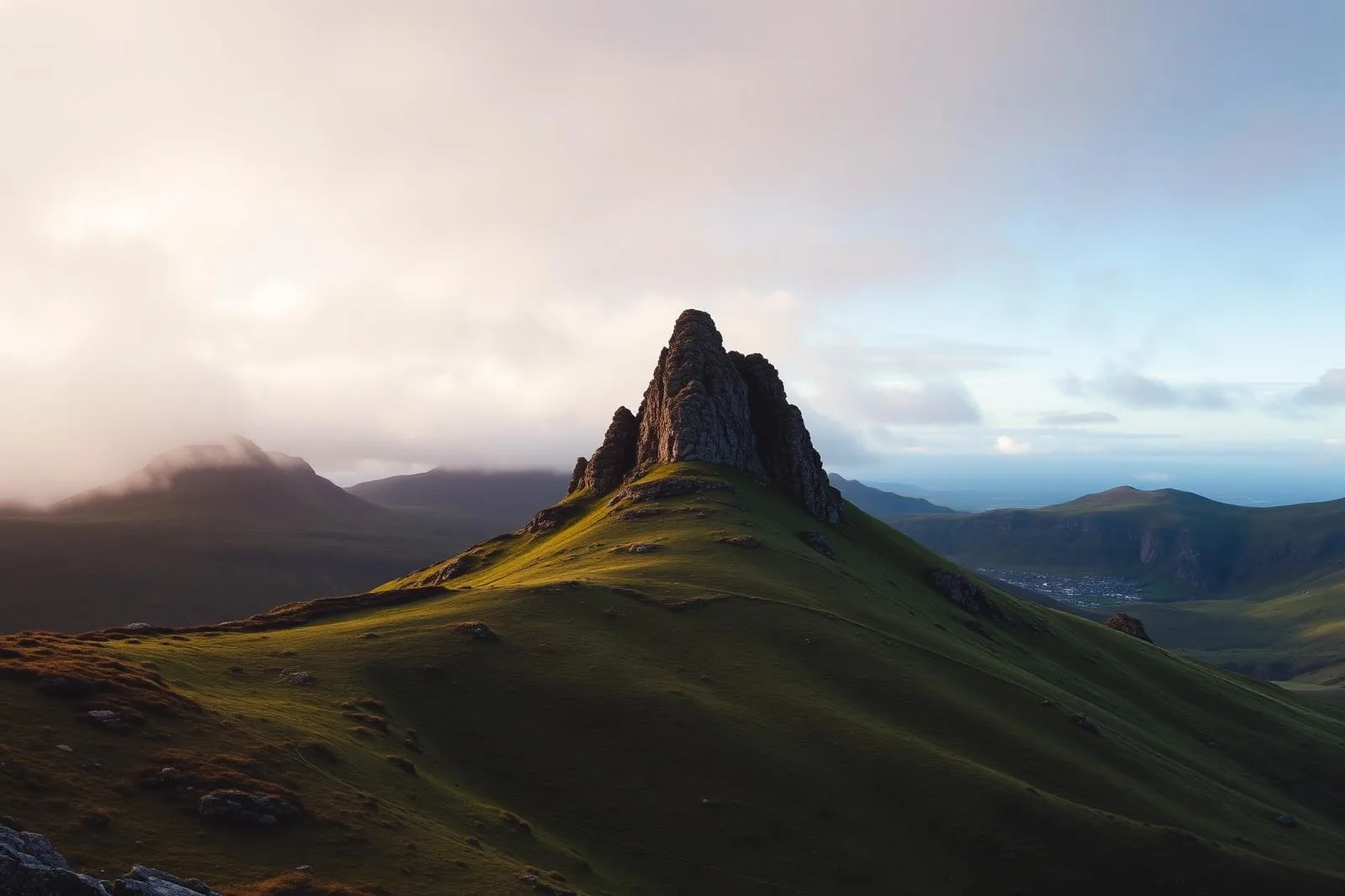 Old Man of Storr auf der Isle of Skye mit grünen Hängen
