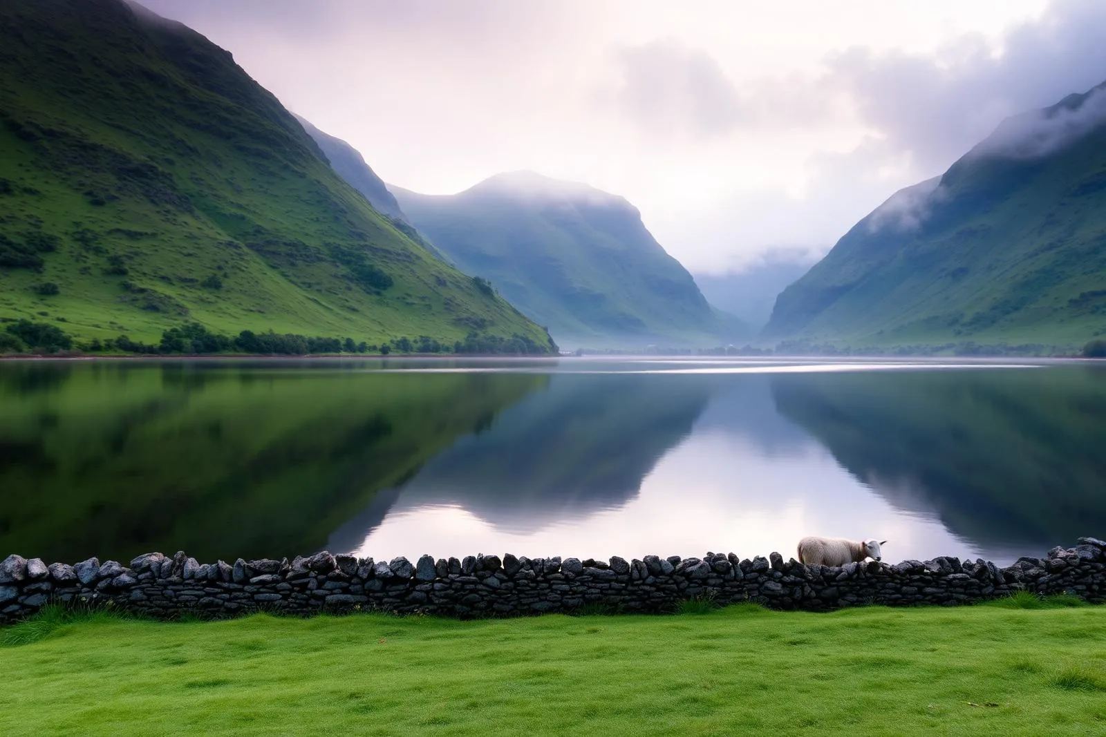 Spiegelglatter See im Lake District mit grünen Fells und Trockenmauer im Vordergrund