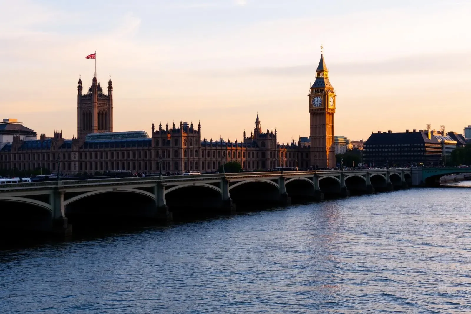 Westminster und Big Ben an der Themse im goldenen Abendlicht