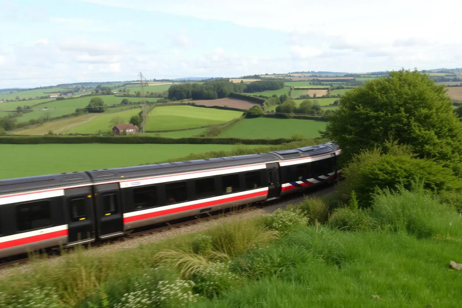 Britischer Intercity-Zug durch grüne englische Landschaft