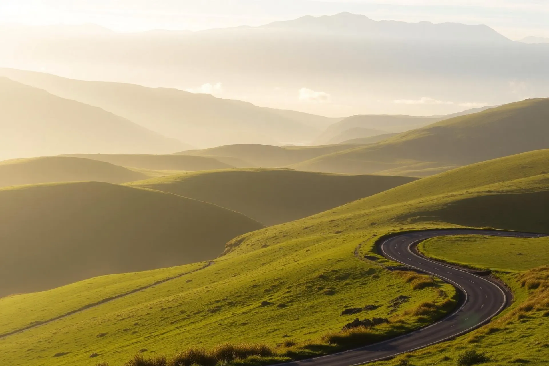 Sanfte grüne Hügel in den schottischen Highlands im goldenen Morgenlicht mit einer geschwungenen Country Road